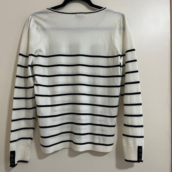 Talbots Womens Knit Sweater Sz M Striped Bows Puff Cottage Capsule Nautical Soft - Picture 2 of 8
